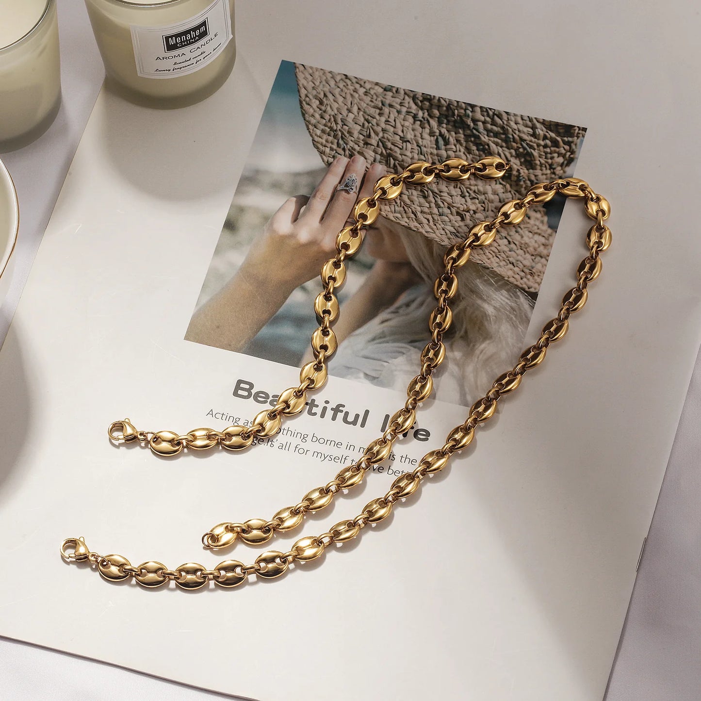 14k Gold Bean Chain Link Necklace