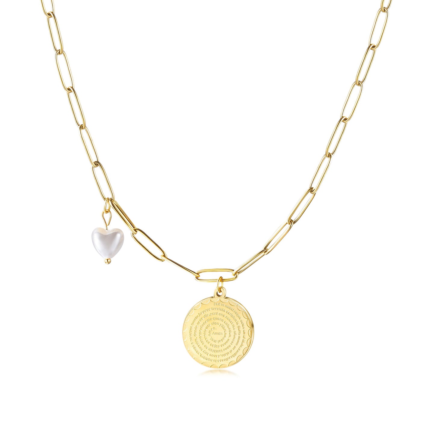 14k Gold Circle and Pearl Heart Necklace