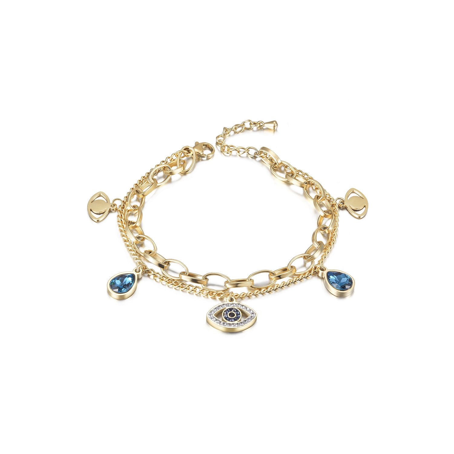 14k Gold Evil Eye Chained Charm Bracelet