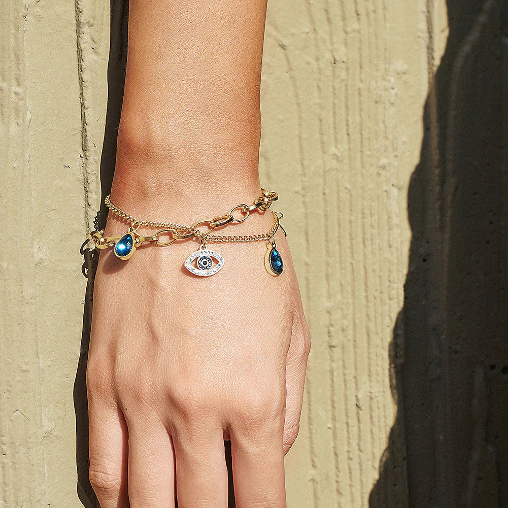 14k Gold Evil Eye Chained Charm Bracelet